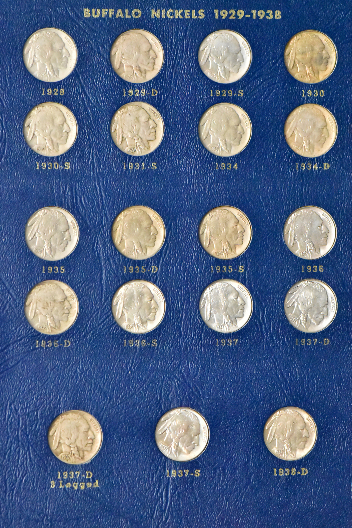 Collection of 65 different Buffalo nickels in a Whitman 9408 albim