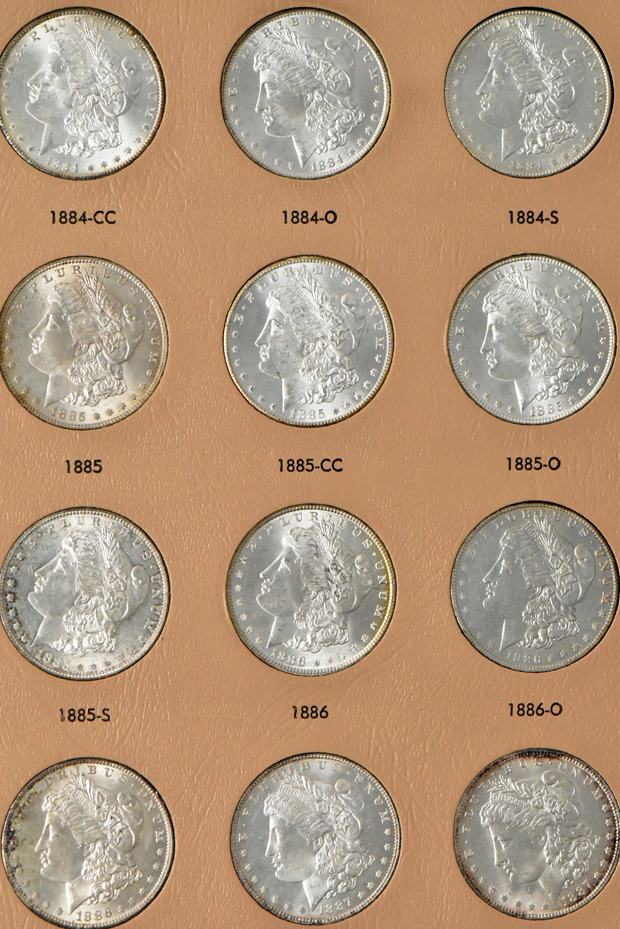 Collection of Morgan silver dollars, 1878 8TF through 1893-S, in a Dansco album