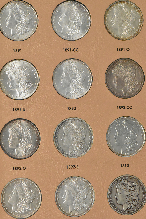 Collection of Morgan silver dollars, 1878 8TF through 1893-S, in a Dansco album