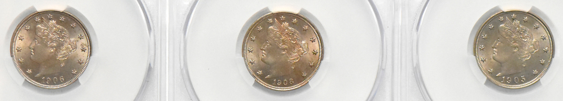 Six Liberty nickels, all CACG MS-64
