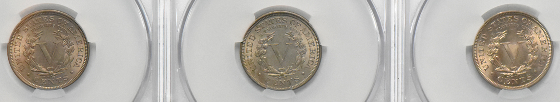 Seven Liberty nickels certified by CACG
