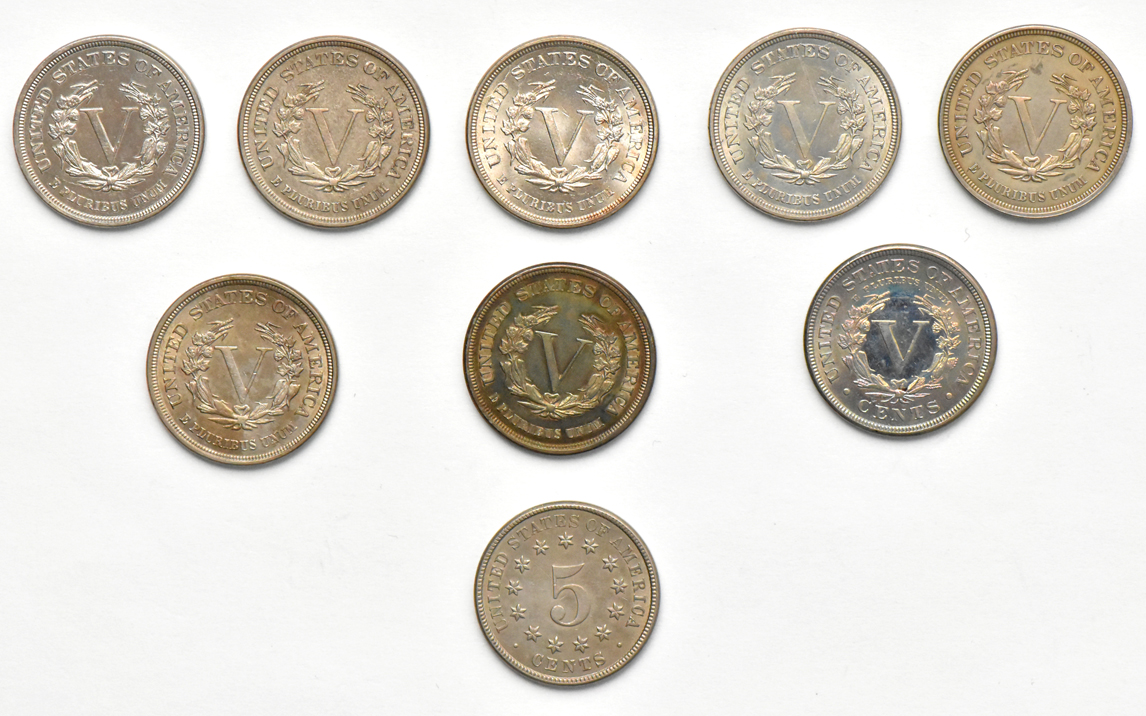 A Shield nickel and eight Liberty nickels