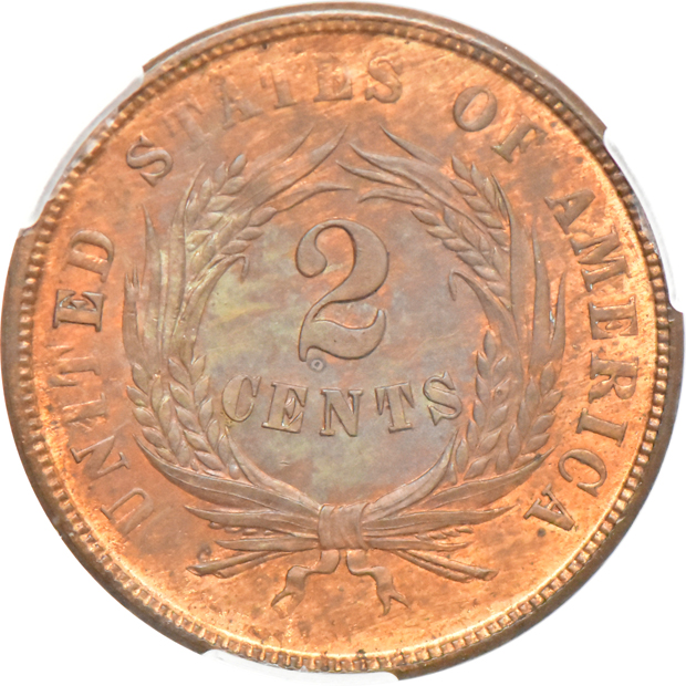 1864 Large Motto MS-63+RB, and an 1871 PR-64RB, both CACG