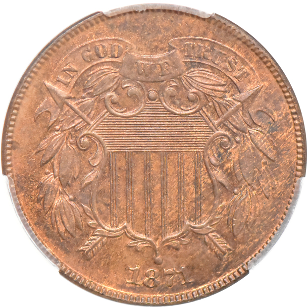 1864 Large Motto MS-63+RB, and an 1871 PR-64RB, both CACG