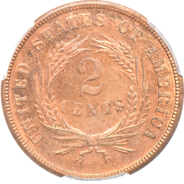 1864 Large Motto MS-63+RB, and an 1871 PR-64RB, both CACG