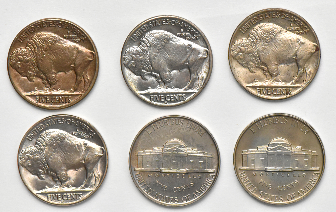 Four Buffalo nickels and two Proof Jefferson nickels