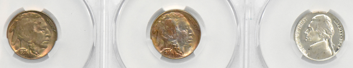 Five Buffalo nickels and a Proof Jefferson nickel, all certified