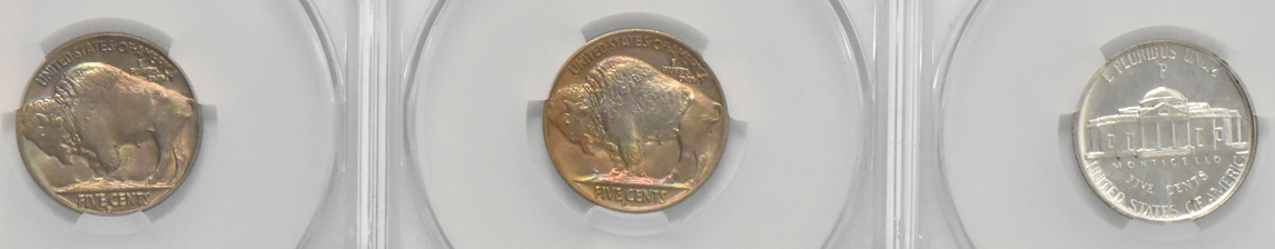 Five Buffalo nickels and a Proof Jefferson nickel, all certified