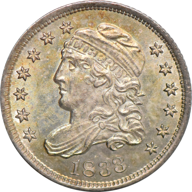 1833 Capped Bust half dime, and an 1857 Seated Liberty half dime, as described