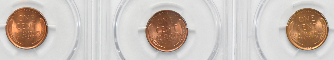 Five UNC Red Lincoln cents certified by PCGS