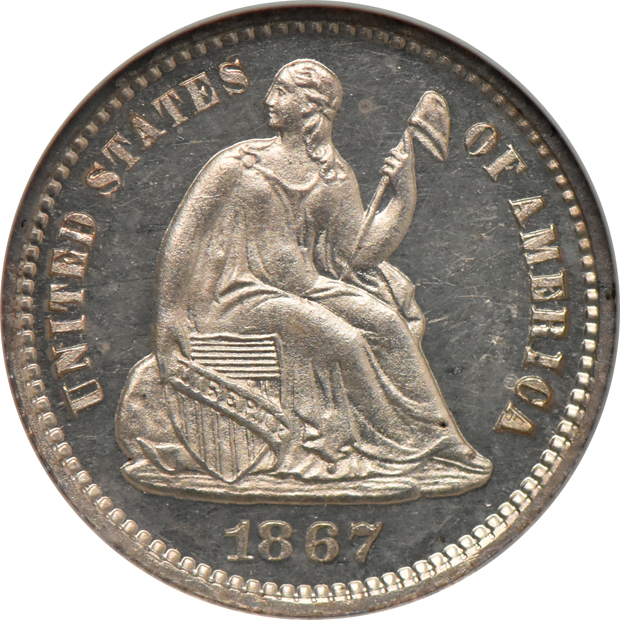 1864 PR-62, 1866 PR-64, and an 1867 PR-64, all NGC