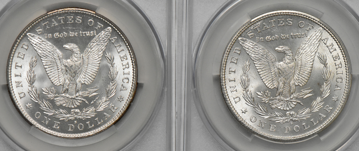 Four Morgan silver dollars, all CACG MS-65