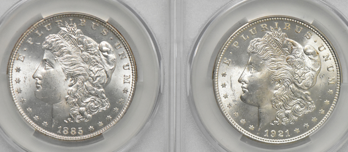 Four Morgan silver dollars, all CACG MS-65