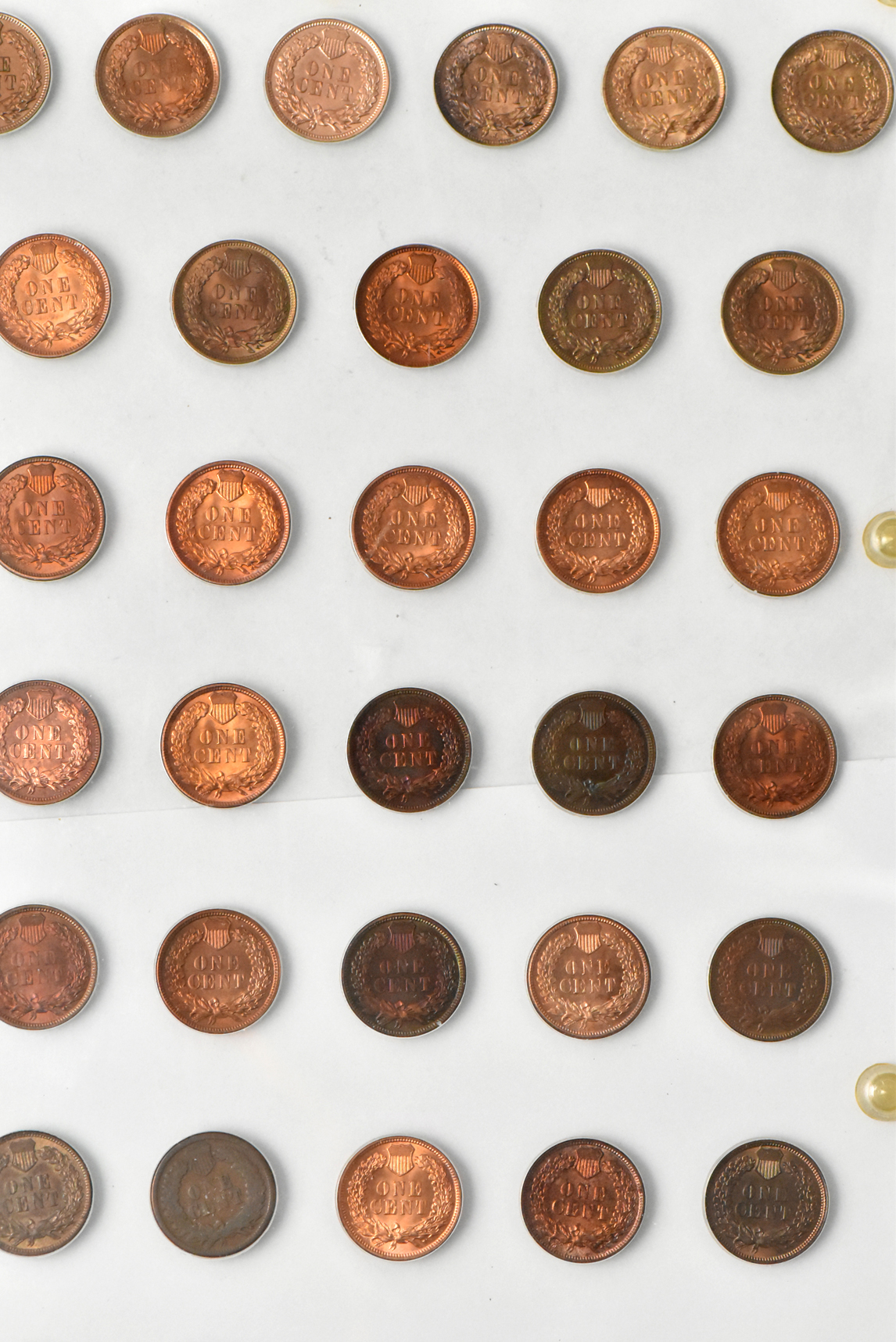 Three Flying Eagle cents and 55 Indian cents in a Capital Plastics like holder
