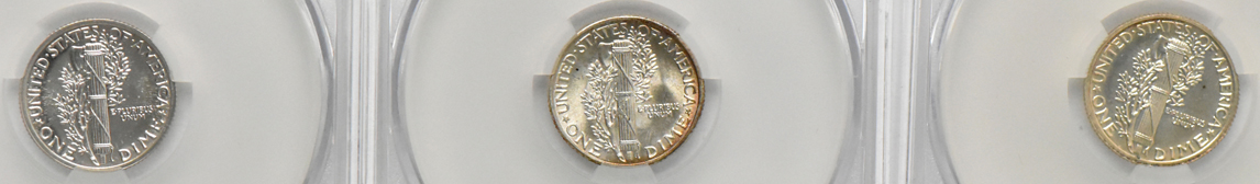 Six Mercury dimes and a Roosevelt dime, all CACG