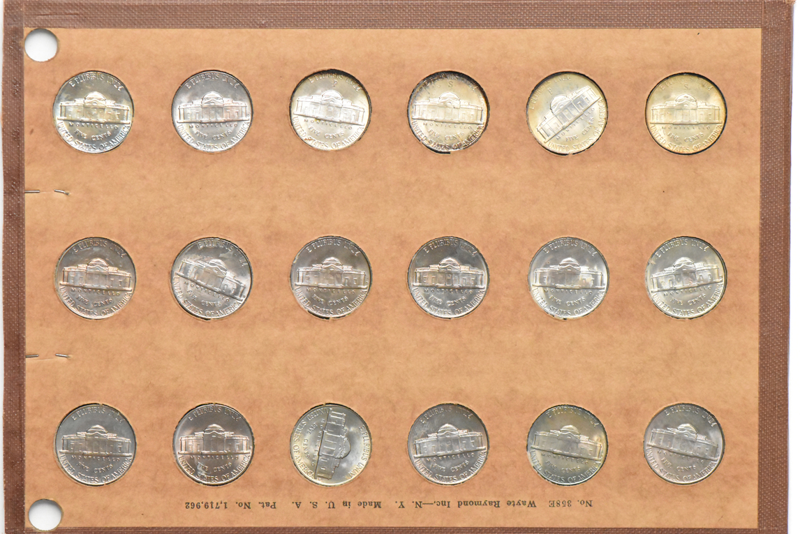 Collection of Jefferson nickels, 1938 through 1956-P, in a Wayte Raymond album