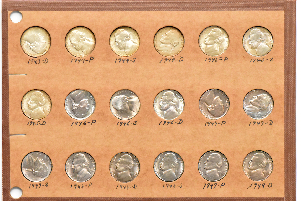 Collection of Jefferson nickels, 1938 through 1956-P, in a Wayte Raymond album