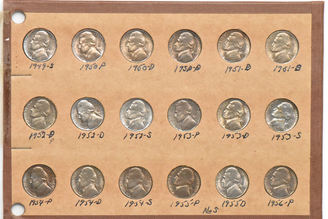 Collection of Jefferson nickels, 1938 through 1956-P, in a Wayte Raymond album