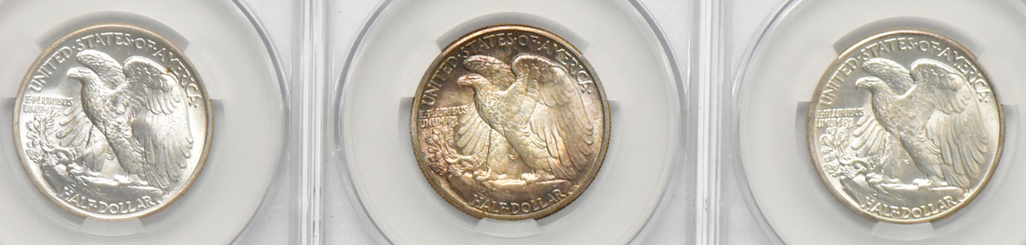 Five UNC Walking Liberty half dollars, all CACG