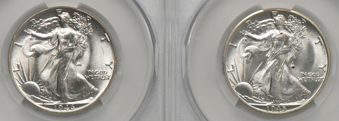 Five UNC Walking Liberty half dollars, all CACG