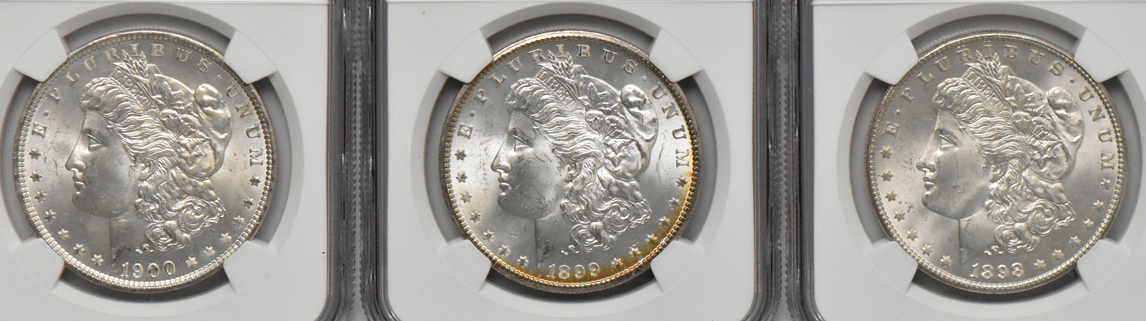 Nine Morgan dollars, all NGC MS-64
