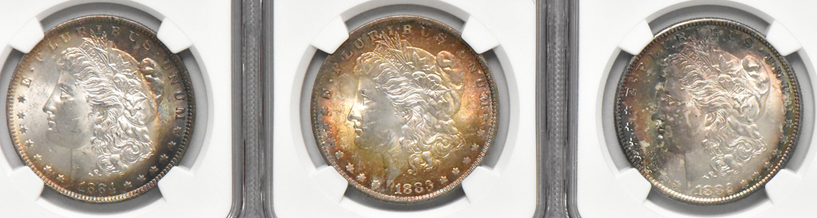 Six Morgan dollars, all NGC MS-63