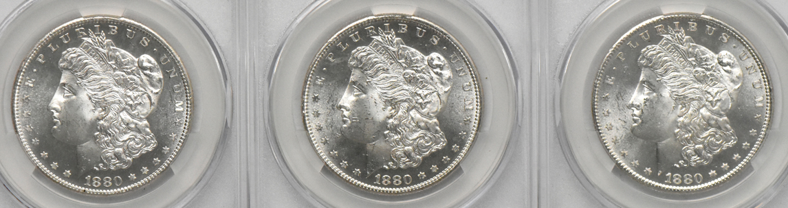 Six 1880-S (three MS-64 and three MS-64+), all CACG