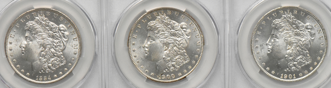 Eight Morgan dollars (seven MS-64 and one MS-65), all CACG