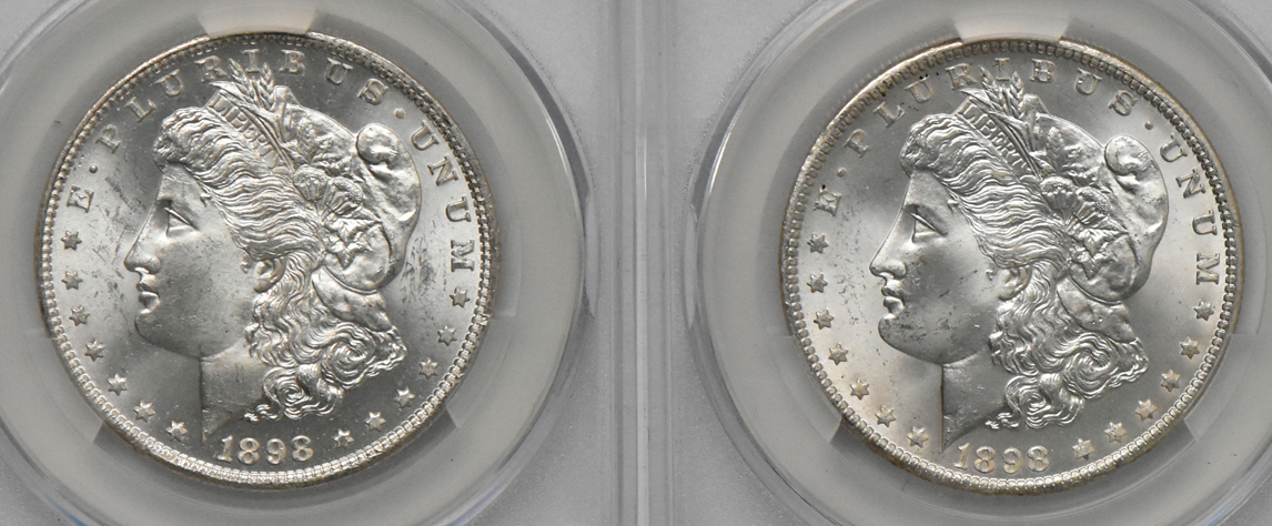 Eight Morgan dollars (seven MS-64 and one MS-65), all CACG