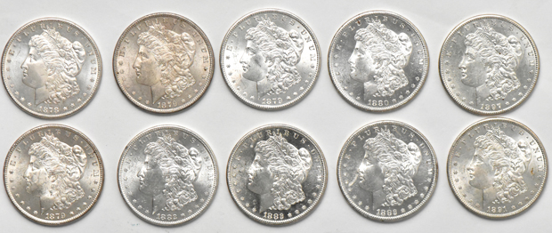 Twenty-five BU Morgan dollars