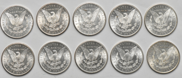 Twenty-five BU Morgan dollars
