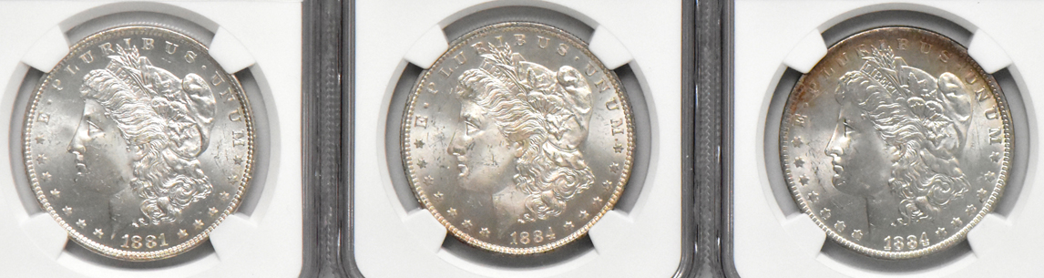 Ten Morgan dollars, all NGC MS-63
