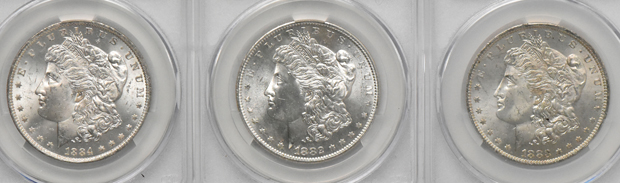 Fifteen Morgan dollars, all CACG MS-64