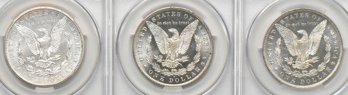 Six Morgan dollars, all CACG MS-62PL