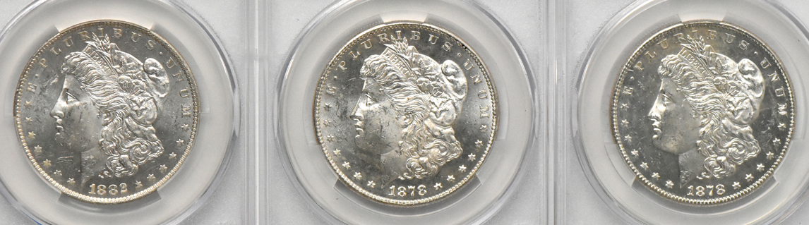 Six Morgan dollars, all CACG MS-62PL