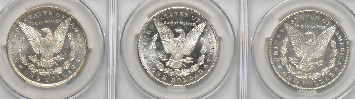 Six Morgan dollars, all CACG MS-62PL