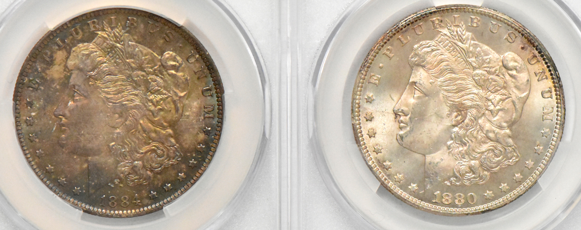 Four Morgan dollars (three MS-64 and one MS-64+), all CACG