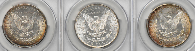 Six Morgan dollars (four MS-63 and two MS-64), all CACG
