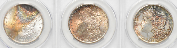 Six Morgan dollars (four MS-63 and two MS-64), all CACG