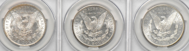 Six Morgan dollars (four MS-63 and two MS-64), all CACG