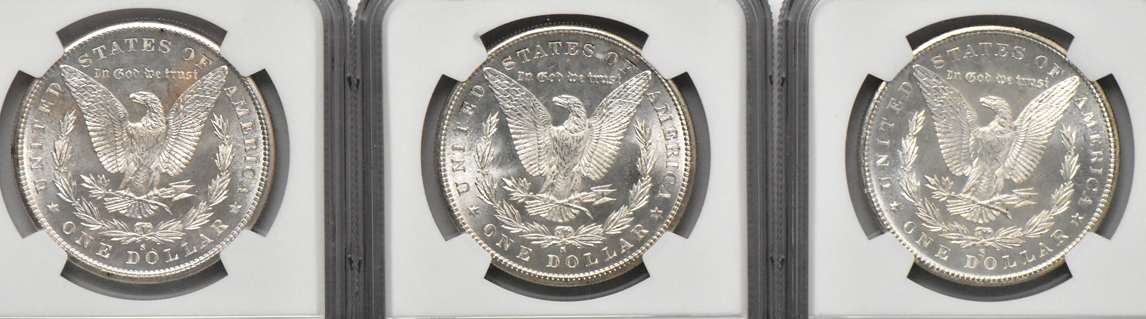 Five Morgan dollars, all NGC MS-65