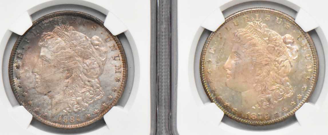 Five Morgan dollars, all NGC MS-65