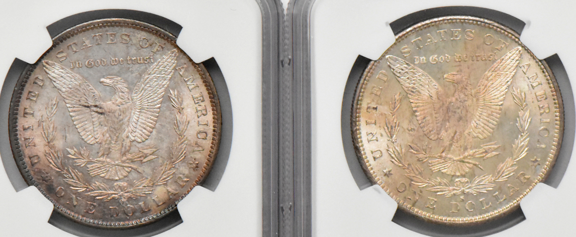 Five Morgan dollars, all NGC MS-65