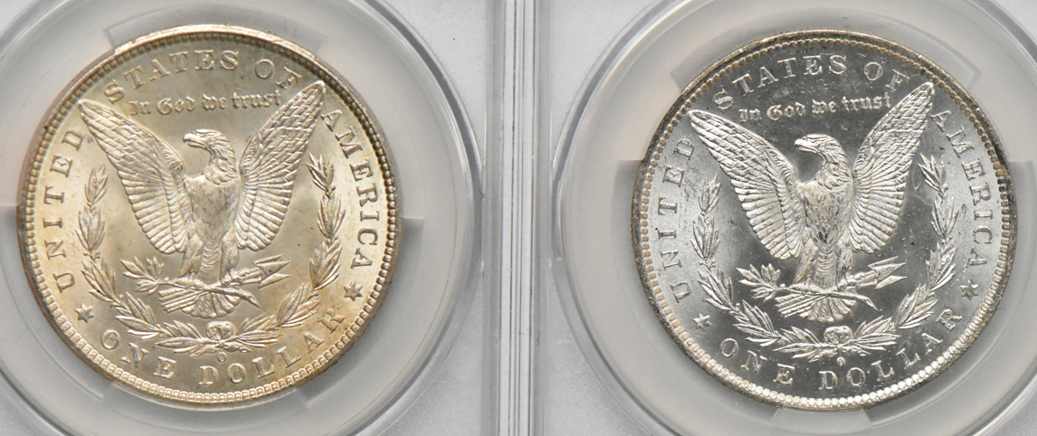 Four MS-65 Morgan dollars (three CACG and one PCGS CAC)