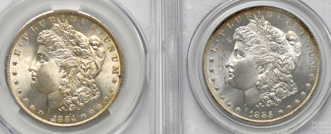 Four MS-65 Morgan dollars (three CACG and one PCGS CAC)