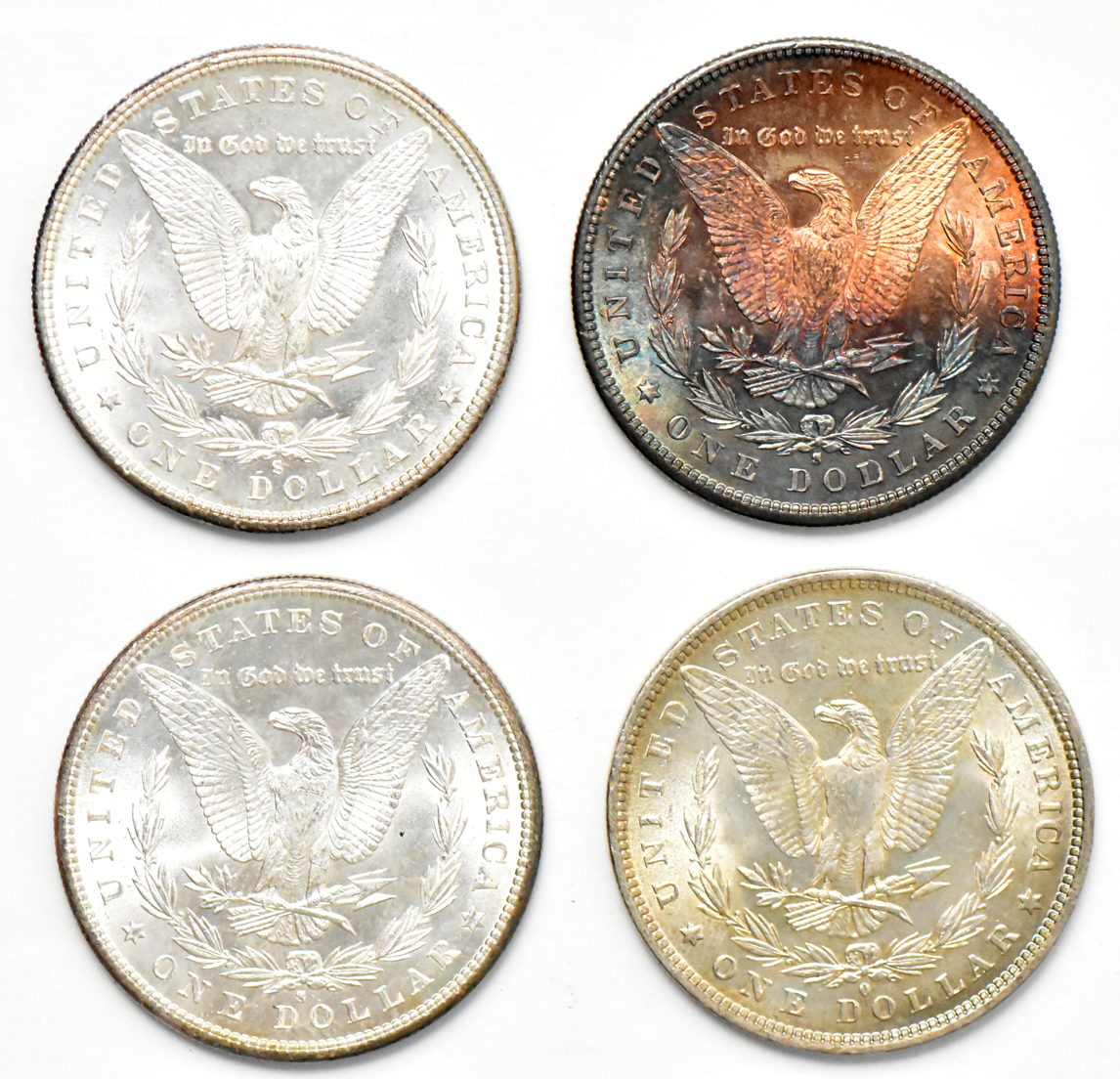 Four toned BU Morgan dollars
