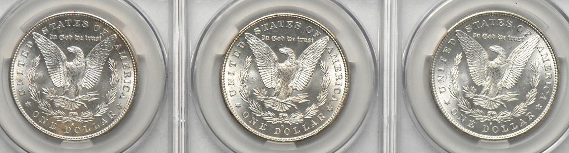 Five 1879-S (three MS-64 and two MS-65), all CACG