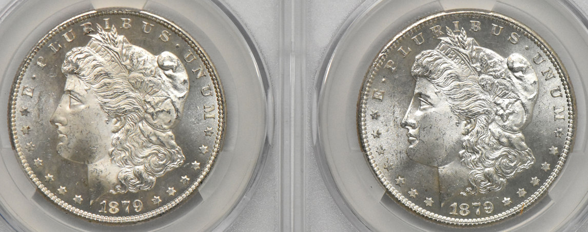 Five 1879-S (three MS-64 and two MS-65), all CACG