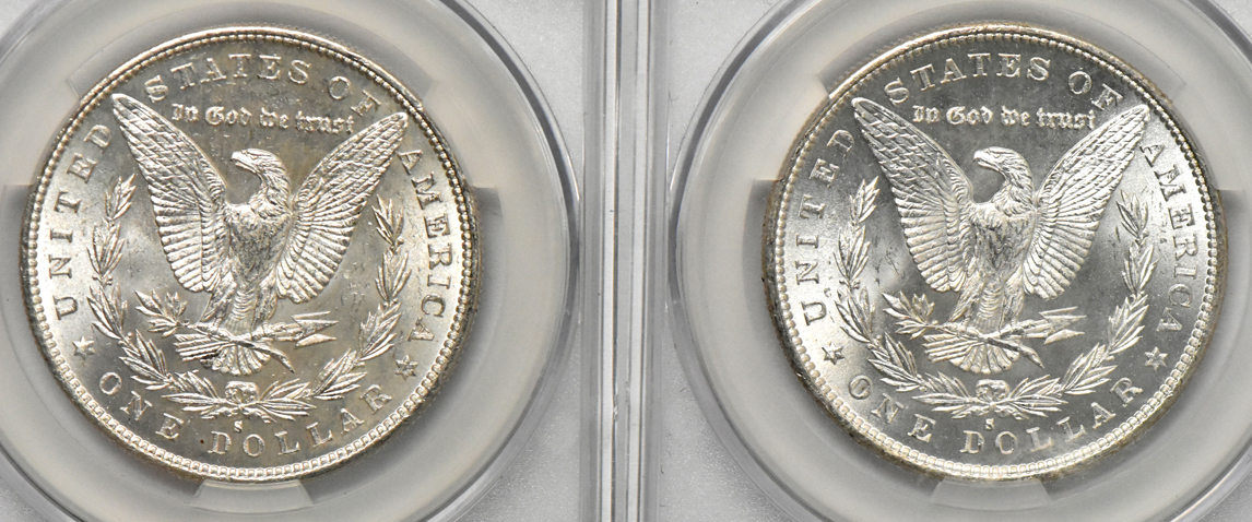 Five 1879-S (three MS-64 and two MS-65), all CACG