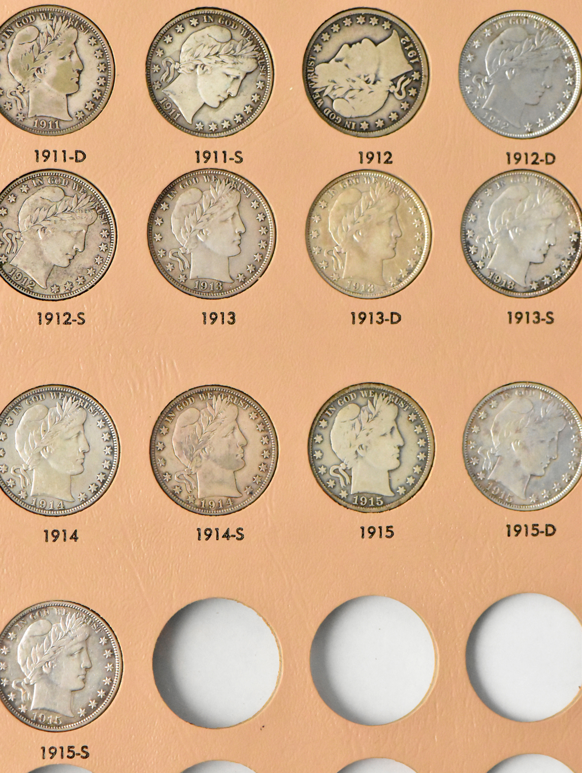 Collection of 69 different Barber half dollars in a Dansco 7150 album